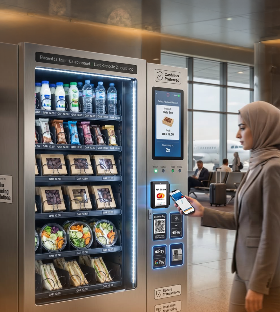Traveller paying contactlessly with her phone at a smart Noqoody vending machine in a Doha airport terminal