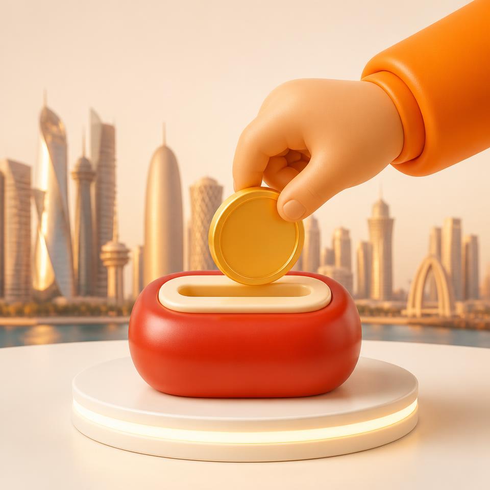 Glossy 3D cartoon hand in an orange sleeve dropping a gold coin into a red payment tray on a glowing podium, with the Doha skyline behind it