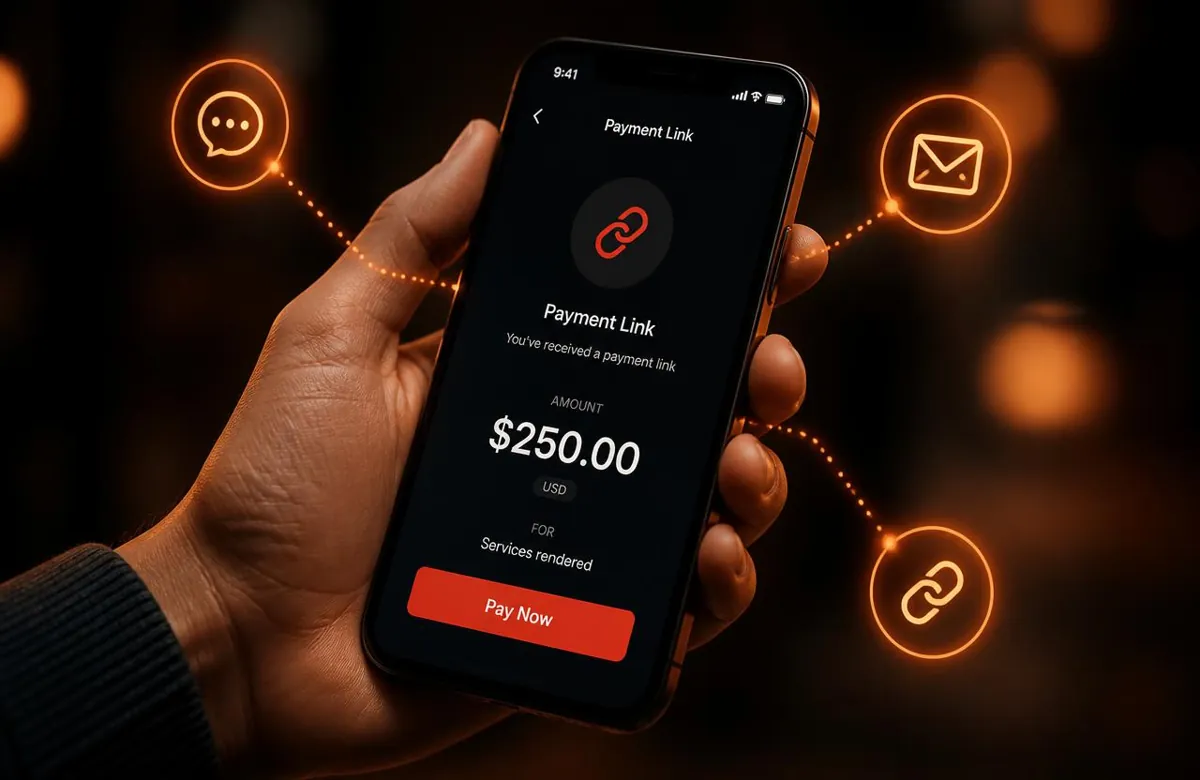Smartphone showing a $250 payment link shared by chat, email and link