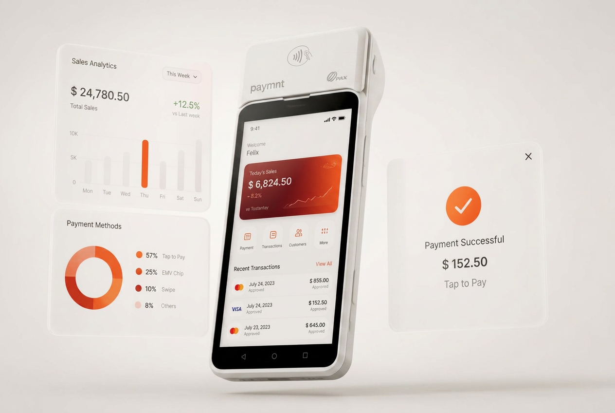 Noqoody smart POS terminal surrounded by live sales analytics and a payment success panel