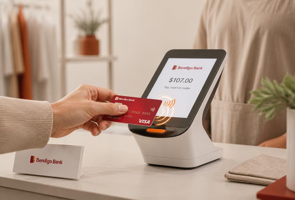 Customer tapping a contactless bank card on a Noqoody countertop terminal at a retail checkout