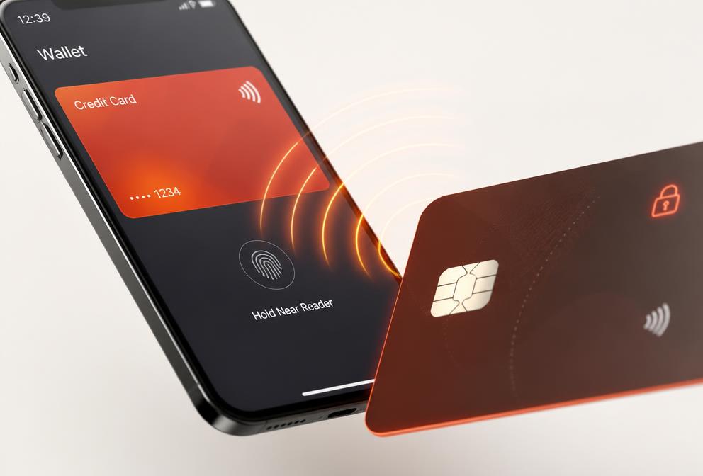 Smartphone wallet and contactless card exchanging an encrypted NFC signal