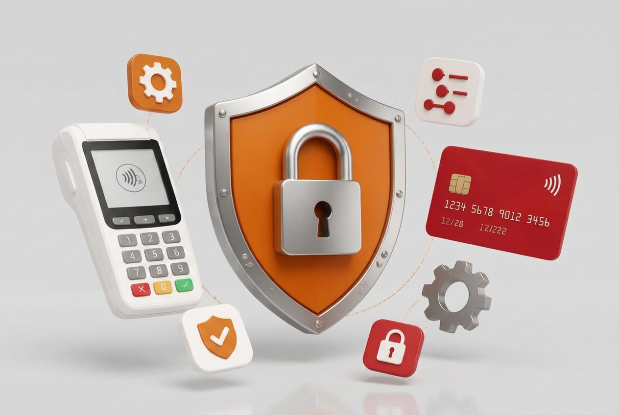 Shield and padlock surrounded by a POS terminal, bank card and configuration icons