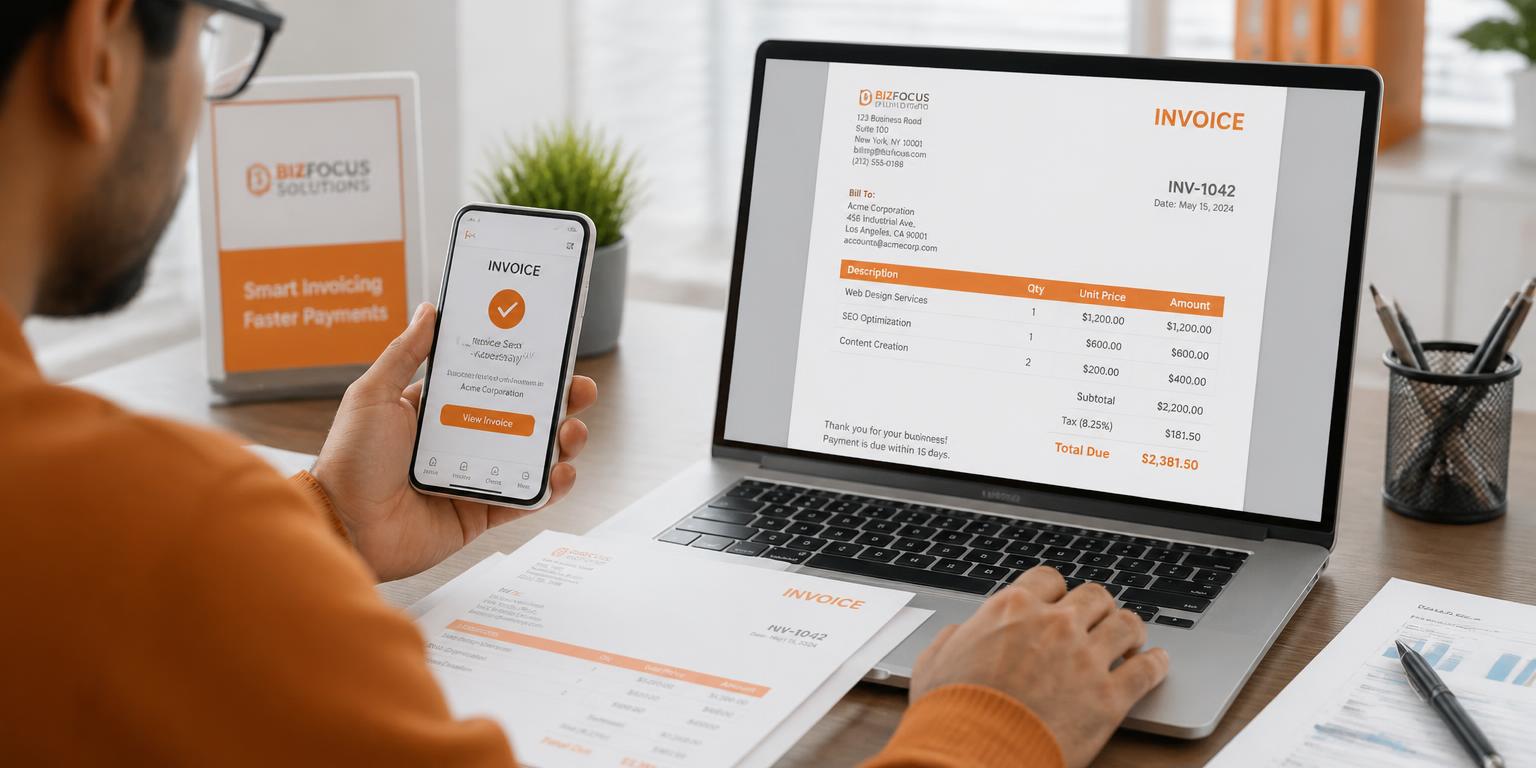 Business owner issuing a digital invoice from a laptop and phone with a secure pay button, representing Noqoody Invoice Tech