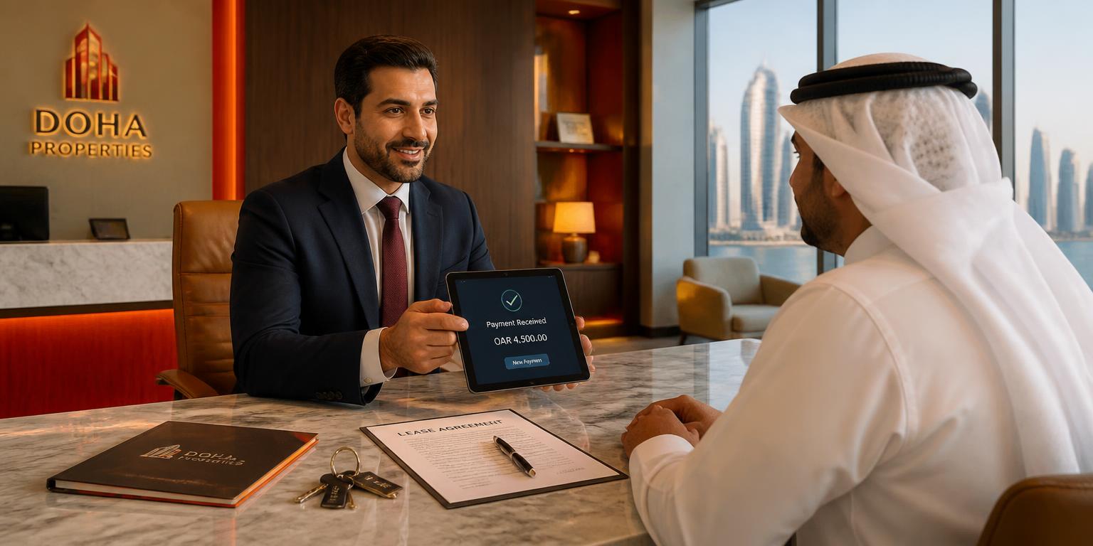 Property manager collecting rent on a tablet in a Doha real-estate office with lease agreement and keys, illustrating Noqoody Proptech Pay