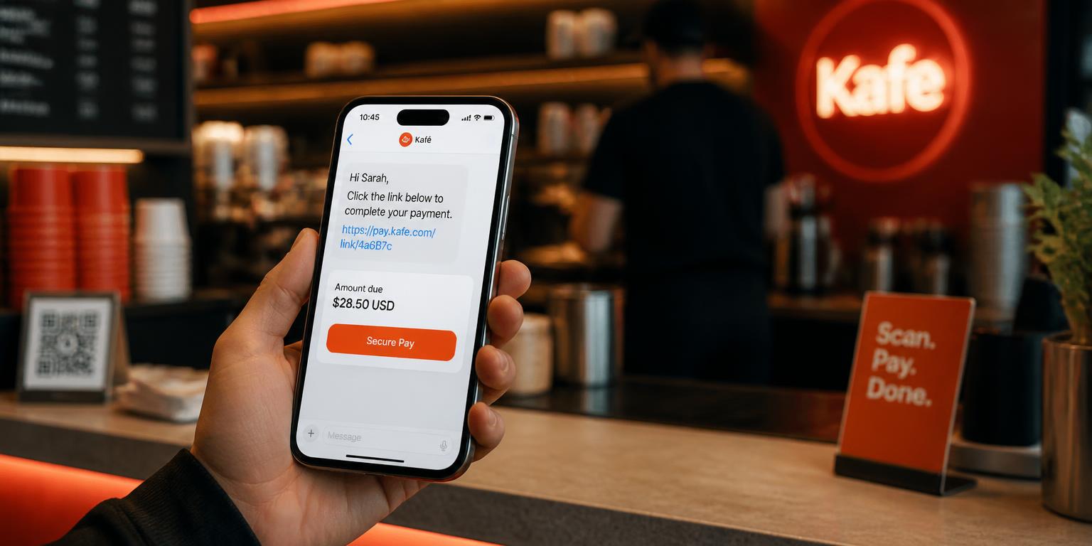 Customer receiving a short Noqoody payment link on a smartphone at a cafe counter with a secure pay button