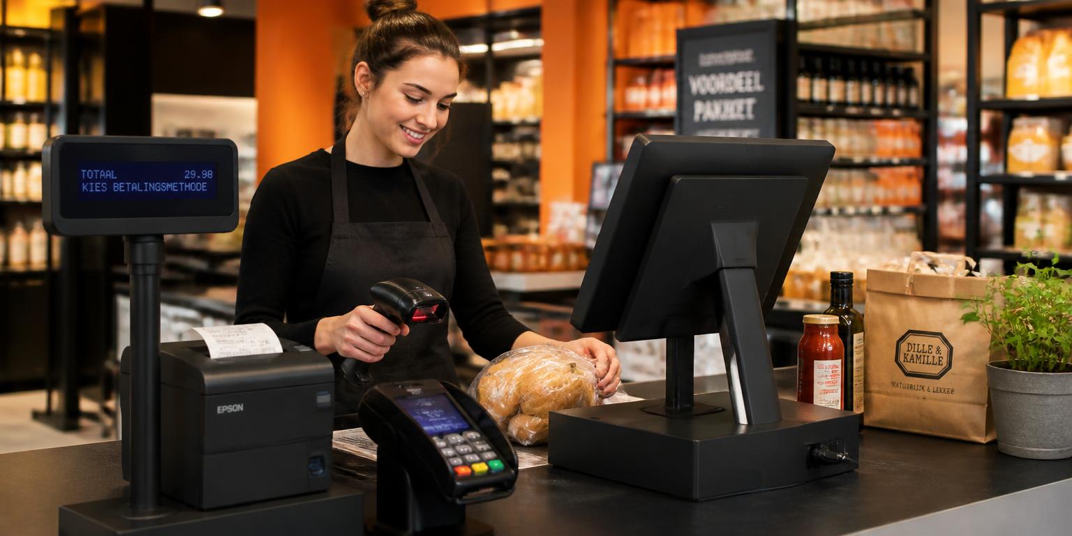 Smart electronic cash register connected to a POS terminal at a retail checkout printing a receipt, representing Noqoody Smart ECR