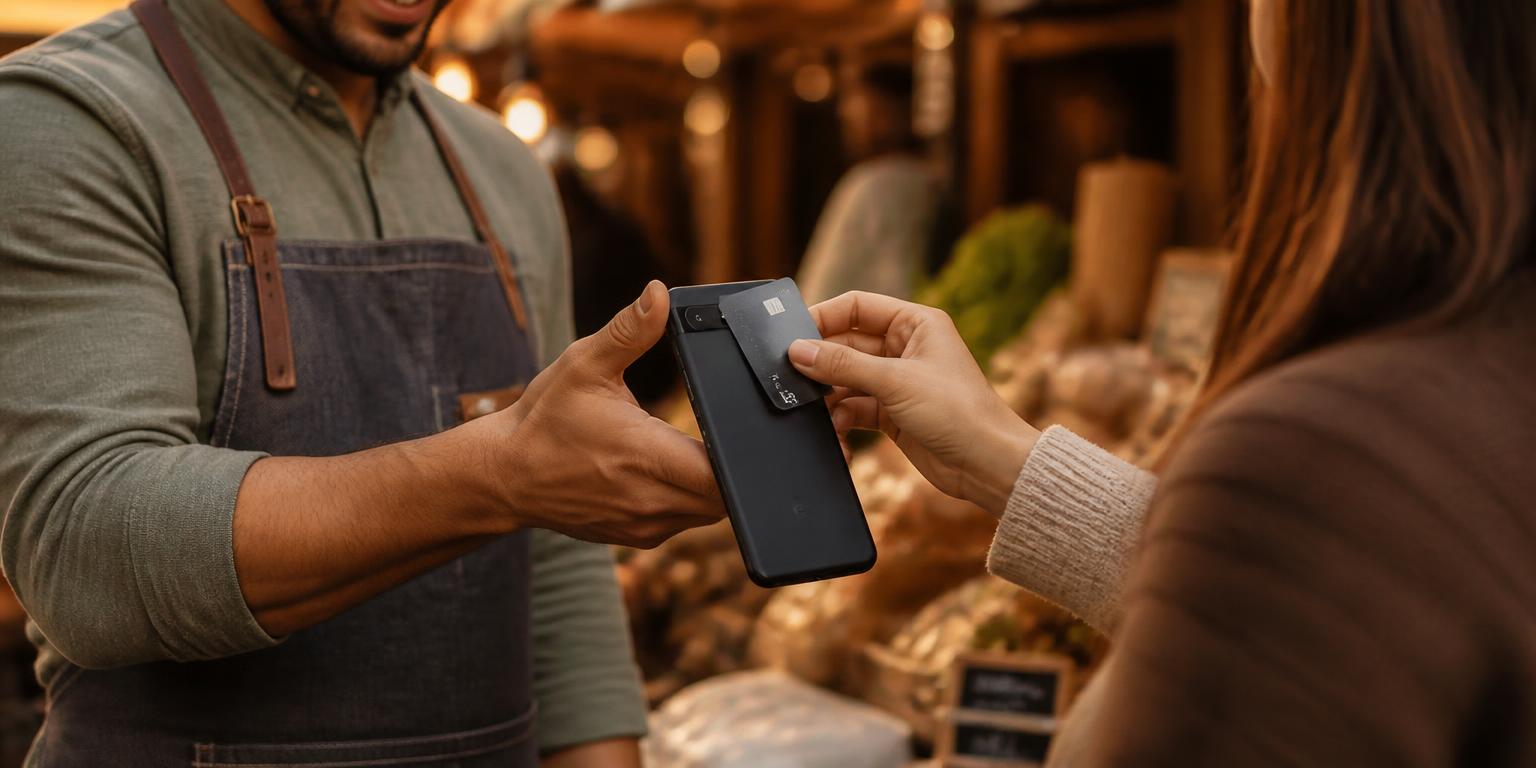 Merchant accepting a contactless card tap on the back of an Android smartphone at a market stall, representing Noqoody Smart Soft POS