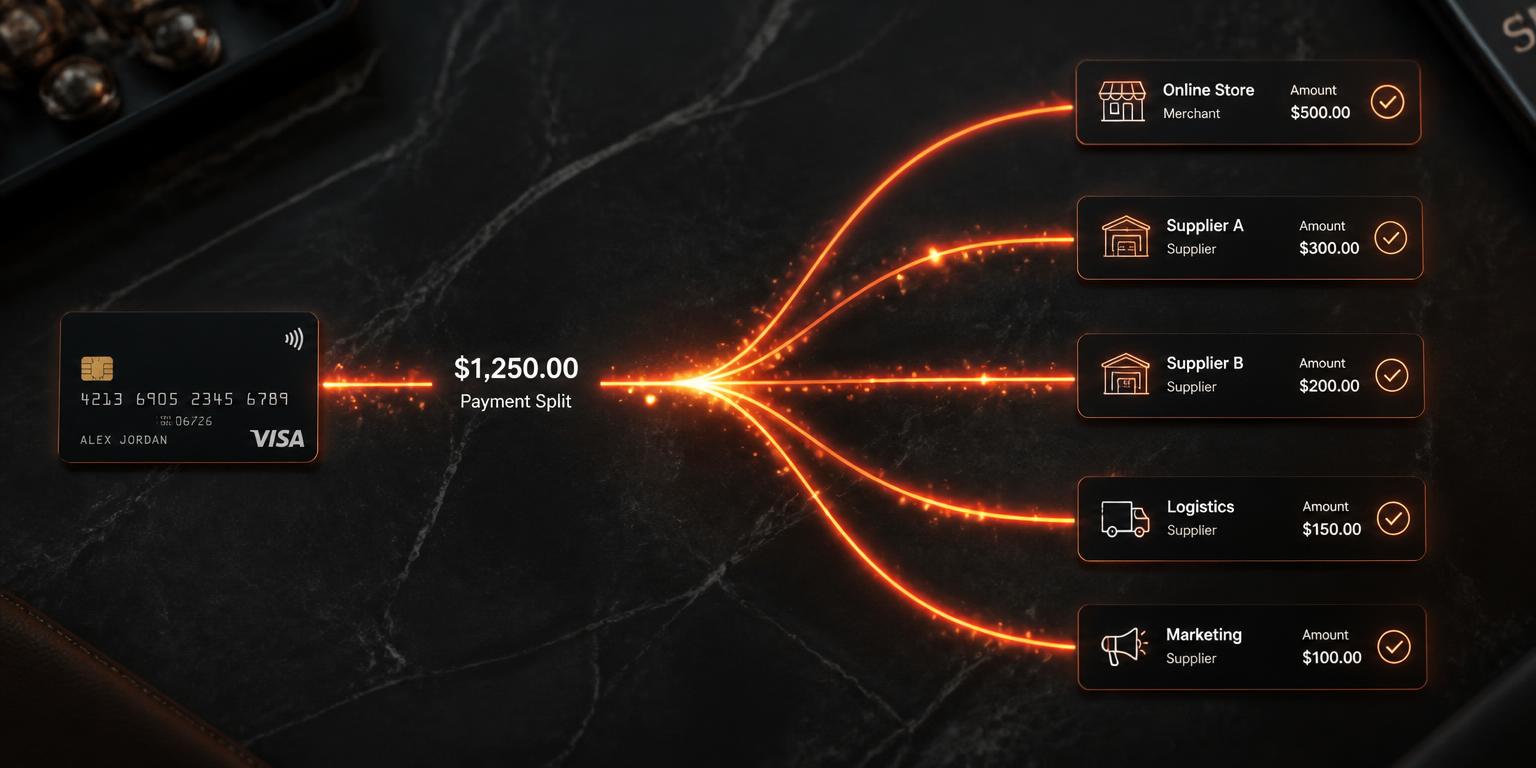 One card payment splitting instantly into multiple merchant and supplier accounts, representing Noqoody SPLITECH split payments
