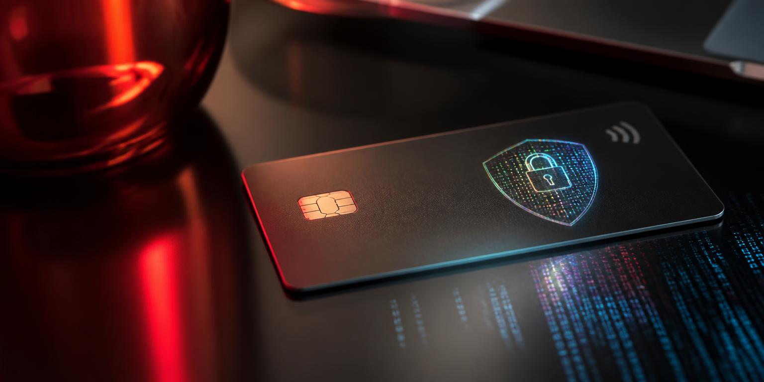 Close-up of a bank card dissolving into an encrypted token inside a secure Noqoody vault, illustrating PCI DSS card tokenization