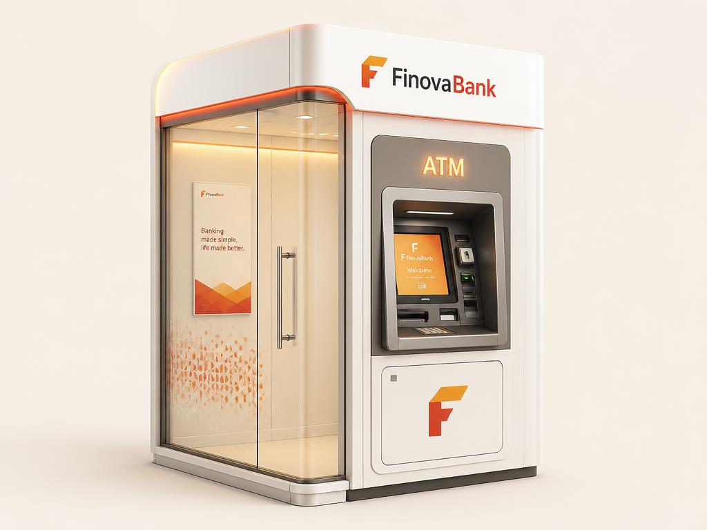 Modern glass ATM kiosk with lit screen