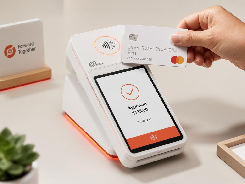 White PAX bank POS terminal approving a contactless card tap