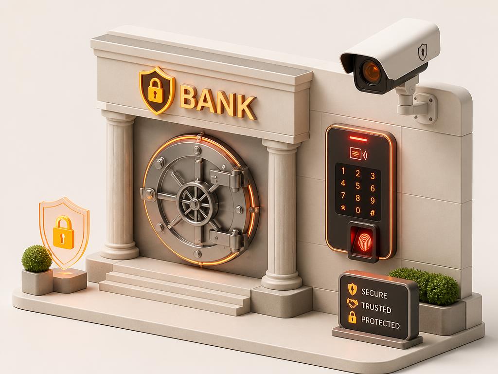 Bank branch security with vault door, CCTV camera and access keypad